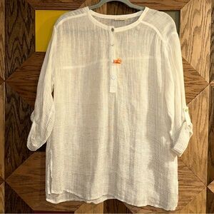 Eileen Fisher 100% Organic Linen Top Women’s Cream Crinkle Striped Shirt Size L